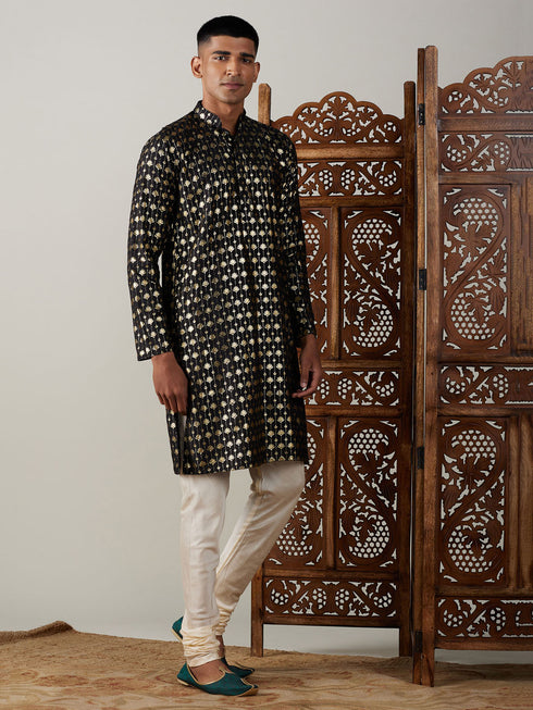 Vastramay Men's Black Foil Printed Kurta With Cream Pyjama Set