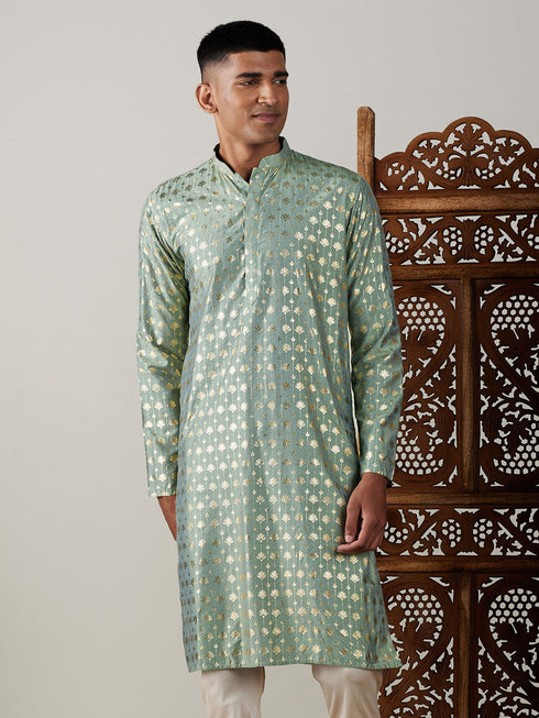Vastramay Men's Light Green Foil Printed Kurta