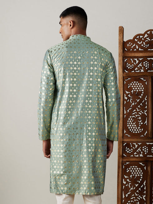 Vastramay Men's Light Green Foil Printed Kurta