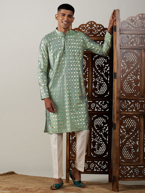 Vastramay Men's Light Green Foil Printed Kurta With Cream Pant Style Pyjama Set