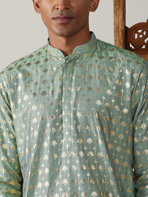 Vastramay Men's Light Green Foil Printed Kurta With Cream Pant Style Pyjama Set