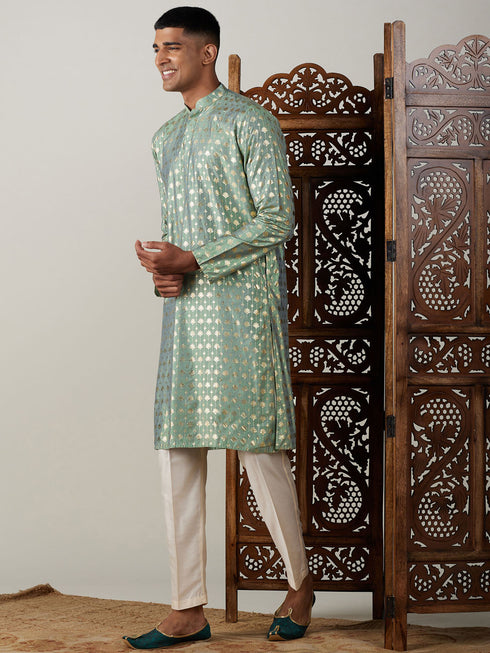 Vastramay Men's Light Green Foil Printed Kurta With Cream Pant Style Pyjama Set