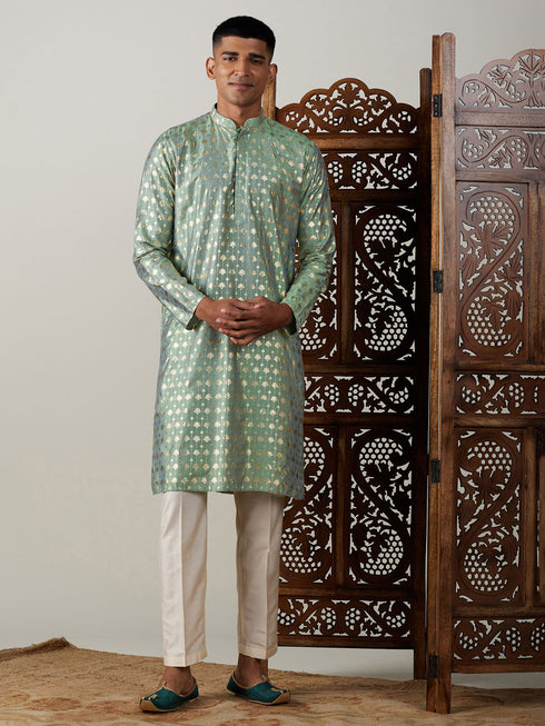 Vastramay Men's Light Green Foil Printed Kurta With Cream Pant Style Pyjama Set