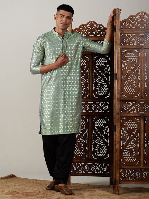 Vastramay Men's Light Green Foil Printed Kurta With Black Patiala Set