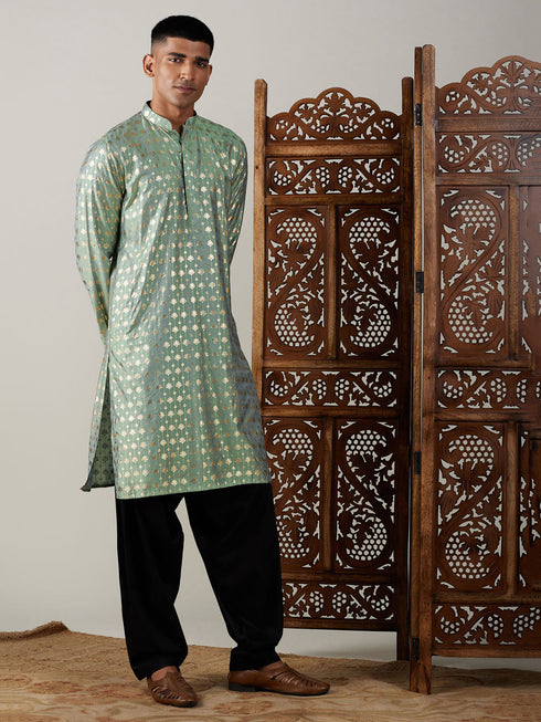 Vastramay Men's Light Green Foil Printed Kurta With Black Patiala Set