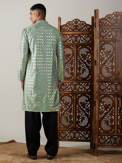Vastramay Men's Light Green Foil Printed Kurta With Black Patiala Set