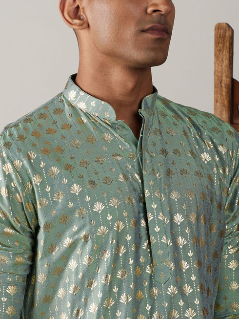 Vastramay Men's Light Green Foil Printed Kurta With Black Patiala Set