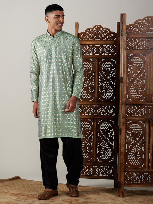 Vastramay Men's Light Green Foil Printed Kurta With Black Patiala Set