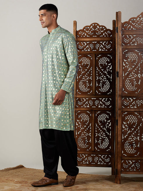 Vastramay Men's Light Green Foil Printed Kurta With Black Patiala Set