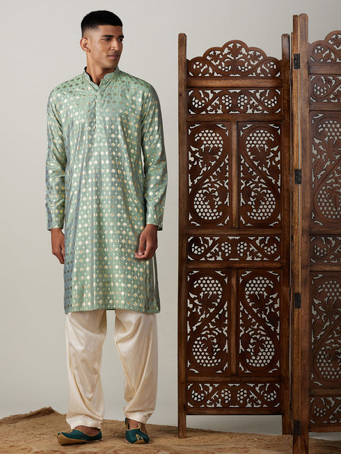 Vastramay Men's Light Green Foil Printed Kurta With Cream Patiala Set