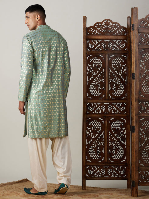 Vastramay Men's Light Green Foil Printed Kurta With Cream Patiala Set