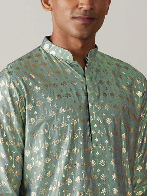 Vastramay Men's Light Green Foil Printed Kurta With Cream Patiala Set