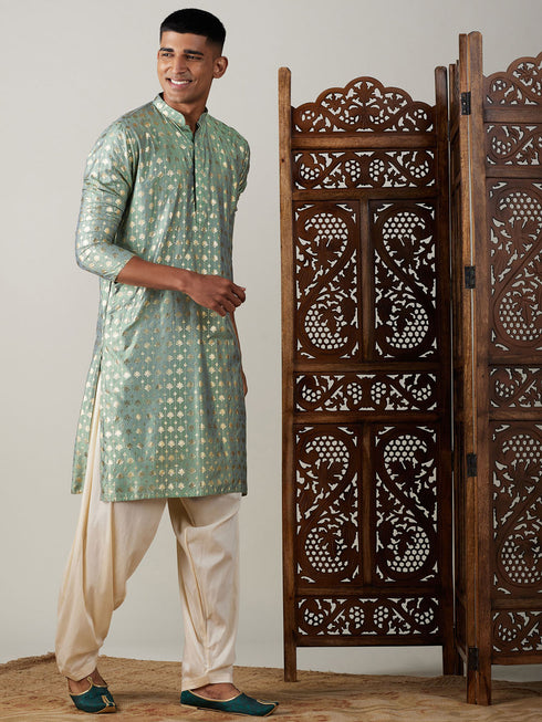 Vastramay Men's Light Green Foil Printed Kurta With Cream Patiala Set