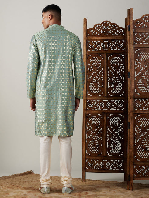 Vastramay Men's Light Green Foil Printed Kurta With Cream Pyjama Set