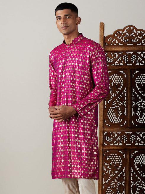 Vastramay Men's Dark Pink Foil Printed Kurta - 38 (Medium) / Pink