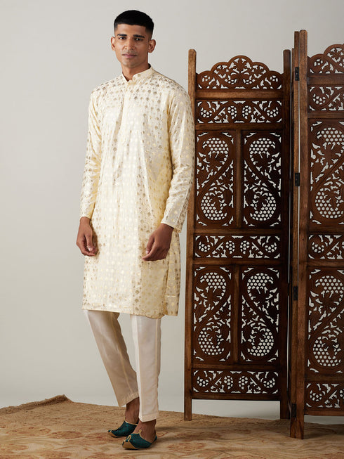 Vastramay Men's Gold Foil Printed Kurta With Cream Pant Style Pyjama Set