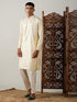 Vastramay Men's Gold Foil Printed Kurta With Cream Pant Style Pyjama Set