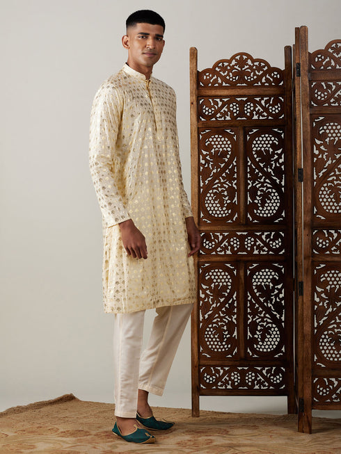 Vastramay Men's Gold Foil Printed Kurta With Cream Pant Style Pyjama Set