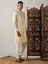 Vastramay Men's Gold Foil Printed Kurta With Cream Pant Style Pyjama Set