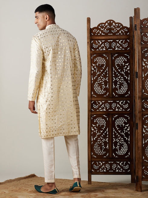 Vastramay Men's Gold Foil Printed Kurta With Cream Pant Style Pyjama Set