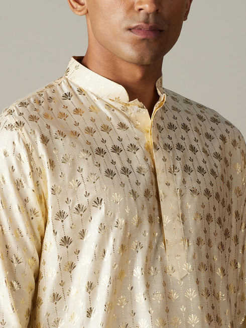 Vastramay Men's Gold Foil Printed Kurta With Cream Pant Style Pyjama Set
