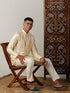 Vastramay Men's Gold Foil Printed Kurta With Cream Pant Style Pyjama Set