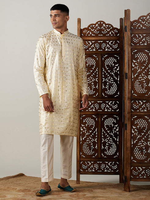 Vastramay Men's Gold Foil Printed Kurta With Cream Pant Style Pyjama Set