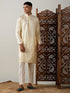 Vastramay Men's Gold Foil Printed Kurta With Cream Pant Style Pyjama Set
