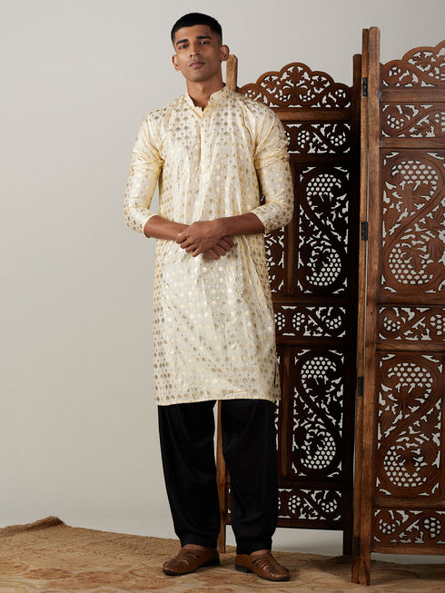 Vastramay Men's Gold Foil Printed Kurta With Black Patiala Set