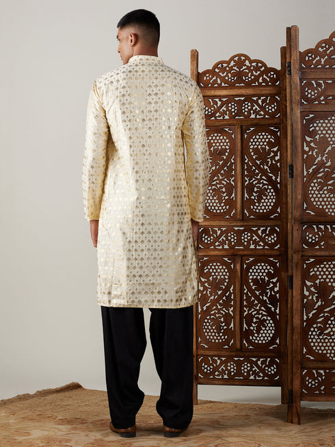 Vastramay Men's Gold Foil Printed Kurta With Black Patiala Set