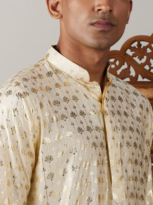 Vastramay Men's Gold Foil Printed Kurta With Black Patiala Set