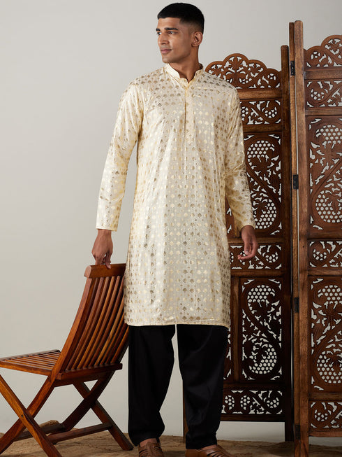 Vastramay Men's Gold Foil Printed Kurta With Black Patiala Set