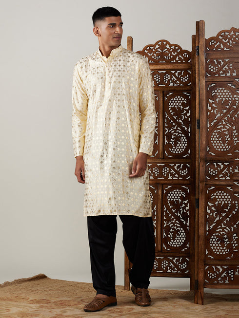 Vastramay Men's Gold Foil Printed Kurta With Black Patiala Set
