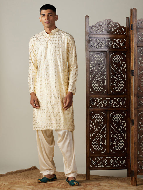 Vastramay Men's Gold Foil Printed Kurta With Cream Patiala Set