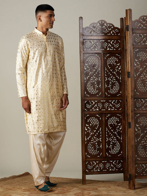 Vastramay Men's Gold Foil Printed Kurta With Cream Patiala Set