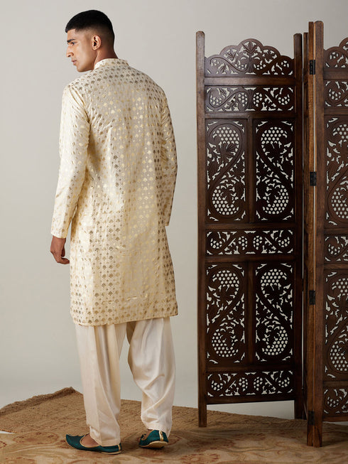 Vastramay Men's Gold Foil Printed Kurta With Cream Patiala Set