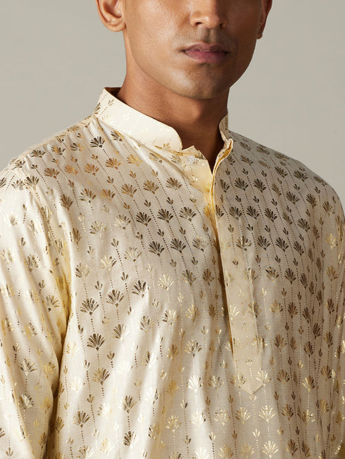Vastramay Men's Gold Foil Printed Kurta With Cream Patiala Set