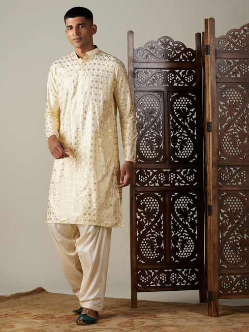 Vastramay Men's Gold Foil Printed Kurta With Cream Patiala Set