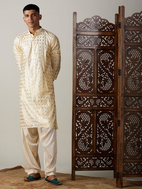 Vastramay Men's Gold Foil Printed Kurta With Cream Patiala Set