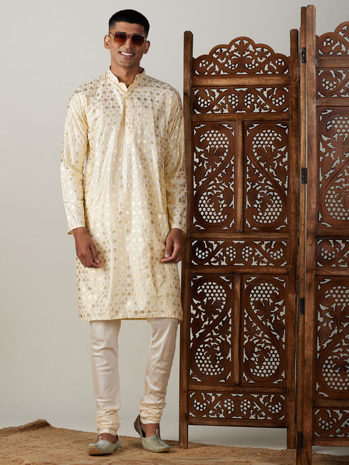 Vastramay Men's Gold Foil Printed Kurta With Cream Pyjama Set