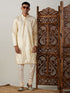 Vastramay Men's Gold Foil Printed Kurta With Cream Pyjama Set