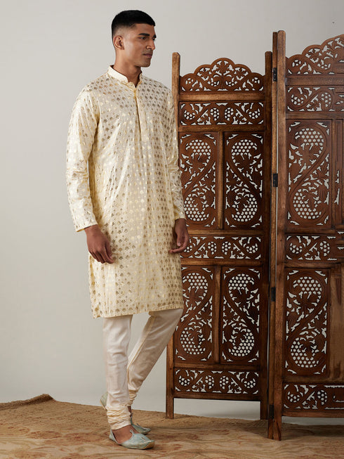 Vastramay Men's Gold Foil Printed Kurta With Cream Pyjama Set