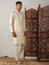 Vastramay Men's Gold Foil Printed Kurta With Cream Pyjama Set