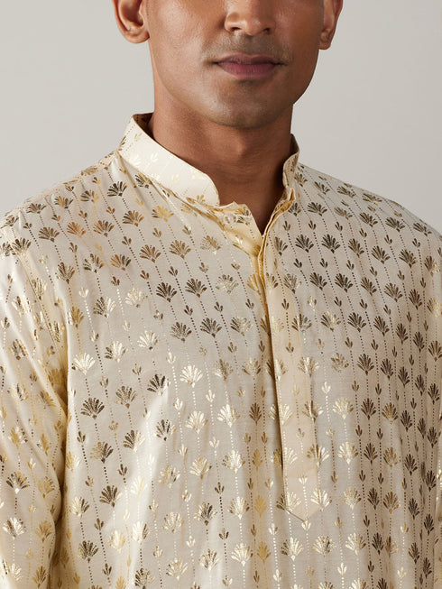 Vastramay Men's Gold Foil Printed Kurta With Cream Pyjama Set