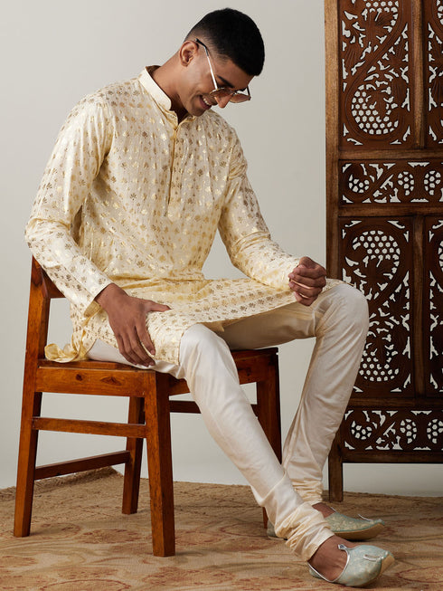 Vastramay Men's Gold Foil Printed Kurta With Cream Pyjama Set