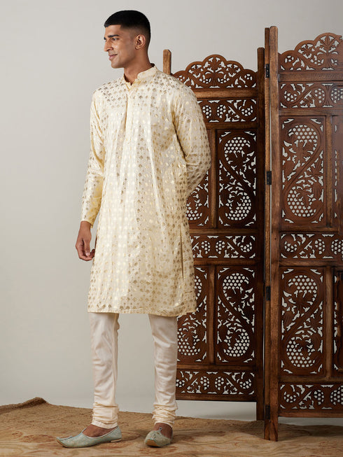 Vastramay Men's Gold Foil Printed Kurta With Cream Pyjama Set
