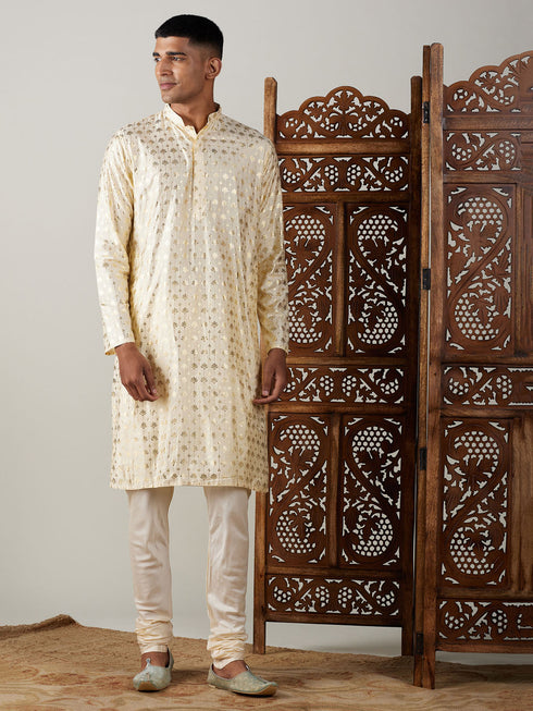 Vastramay Men's Gold Foil Printed Kurta With Cream Pyjama Set