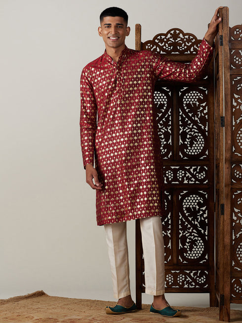 Vastramay Men's Maroon Foil Printed Kurta With Cream Pant Style Pyjama Set