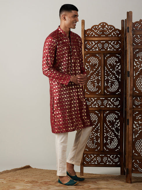Vastramay Men's Maroon Foil Printed Kurta With Cream Pant Style Pyjama Set