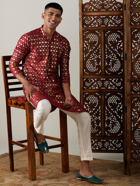 Vastramay Men's Maroon Foil Printed Kurta With Cream Pant Style Pyjama Set